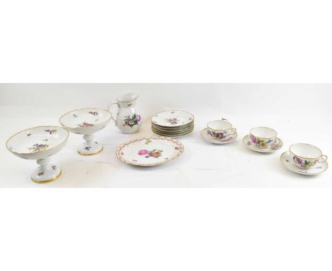 ROYAL COPENHAGEN FRIJSENBORG; a group of floral decorated porcelain comprising three cups and saucers, a set of six plates, a