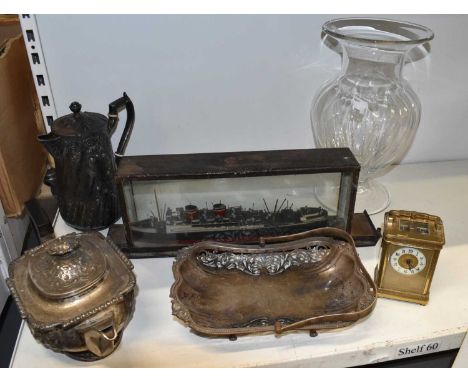 A mixed lot including early 20th century brass cased carriage clock with presentation inscription dated 1901, a model of a sh