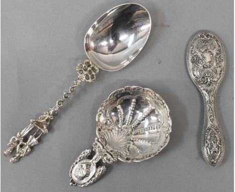 A Dutch silver serving spoon, a pin dish with foreign import marks, and a miniature hand mirror (3)