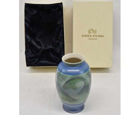 POOLE STUDIO; a baluster vase decorated with fish, signed with initials 'NM 99', height 20cm, boxed.