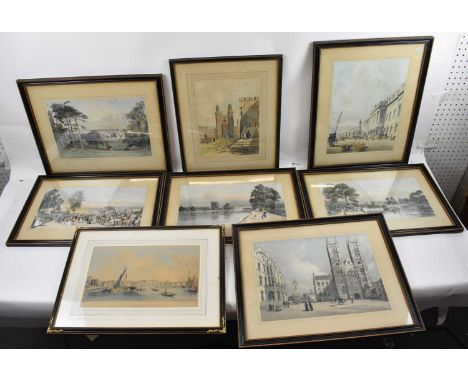 A set of six colour prints, views of London including Hyde Park, Westminster Abbey, Buckingham Palace, etc, all framed and gl
