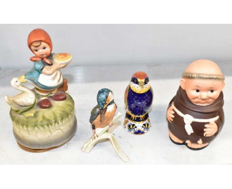 ROYAL CROWN DERBY; a bee eater paperweight with gold stopper, and a Goebbels figure of a bird and a monk, a cruet, and a furt