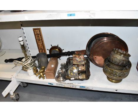 A mixed lot of vintage wooden and metalware including a boxed ebony and boxwood domino set, a silver plated epergne stand con