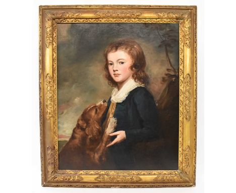 AFTER GEORGE ROMNEY; oil on canvas, 'Portrait of Boy with Dog', unsigned, 73 x 60cm, in gilt frame with old label verso inscr
