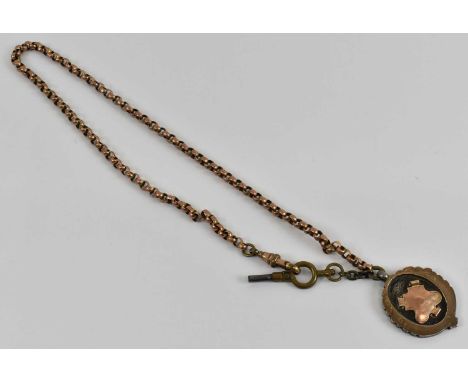 A 9ct yellow gold hoop link chain with a silver and gold fob set with vacant shield, approx 25.3g.