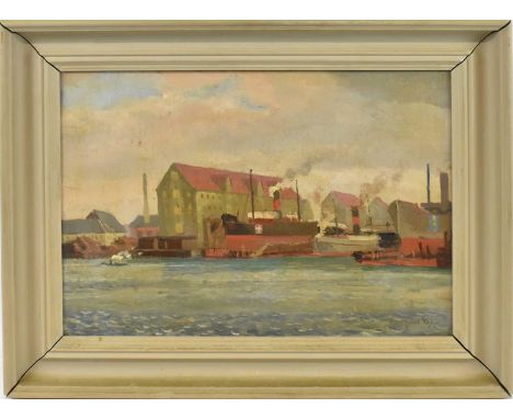 MOGEUS; oil on board, Norwegian port scene, signed, also inscribed verso with pencil sketch on backboard, 34 x47cm, framed.