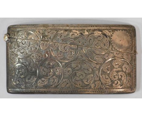 A &amp; J ZIMMERMAN LTD; a late Victorian hallmarked silver curved card case with engraved decoration, 1.4ozt/43g.
