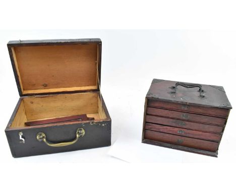 A Chinese bone and bamboo Mahjong set in five drawer hardwood box with metal mounts, and another wooden carrying case with br