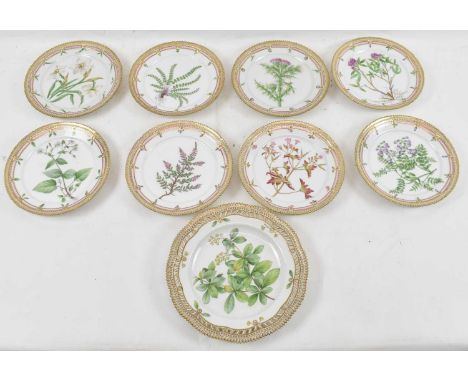 ROYAL COPENHAGEN; a fine set of eight botanical painted porcelain dessert plates each hand painted and inscribed verso with t