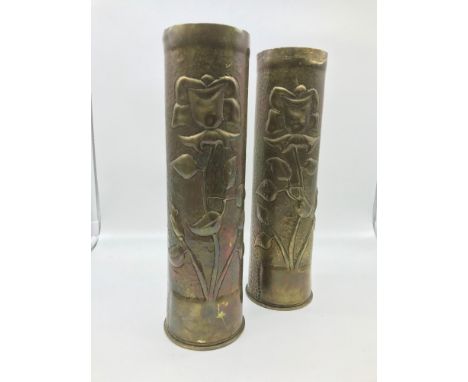 A Pair of Trench art brass shells (United States army shell cases) Dug up in the Aisne battle area, 29cm in height. 