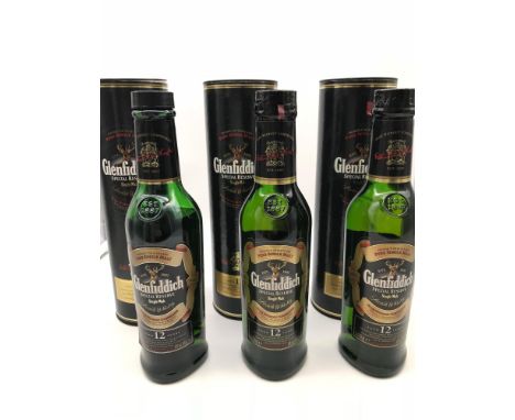 3 Bottles of Glenfiddich special reserve, 12 years old, Scotch Whisky, 2 are full, sealed & boxed. The other is opened and ha