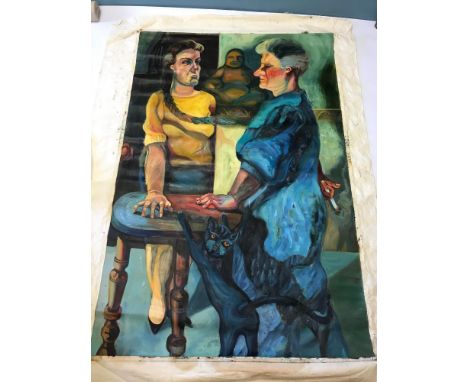Large oil on canvas of two ladies conversation with a cat trying to get attention. By Sharon Thomson BA (Hons) degree in fine