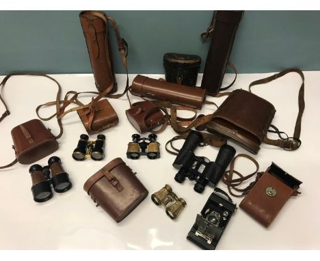 A lot of various vintage opera and field binoculars, Various military scope carry cases(Empty) Kodak camera, Zodiac binocular
