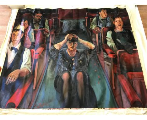 Large oil on canvas of Cinema audience. By Sharon Thomson BA (Hons) degree in fine art, dated 1989. Artist at Glasgow School 