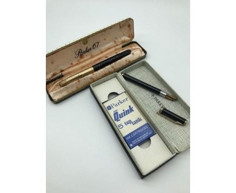 Parker 61 Fountain pen with box, Parker box with 5 tap tank refill cartridges & Noble 77 lighter pen. 