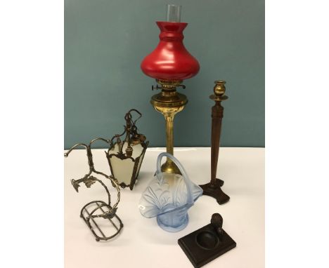 Victorian brass base paraffin lamp with shade, Vintage cast metal and cut glass porch light, White metal double wine holder/ 