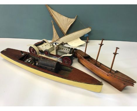 A lot of 3 Model yachts and boat models, Together with Mamod steam car. 