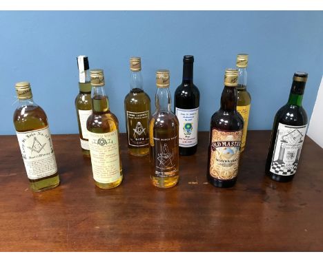 A Collection of 70cl bottles of Scottish Whisky from various Masonic lodges. Includes two bottles of Red wine from Masonic lo