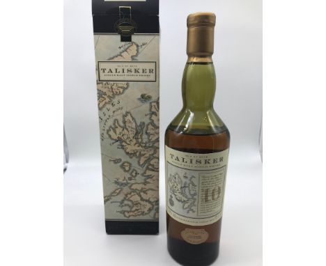 Talisker 10 year old single malt Scotch Whisky, designed with a map of the Isle of Skye on bottle and box, (full, sealed and 