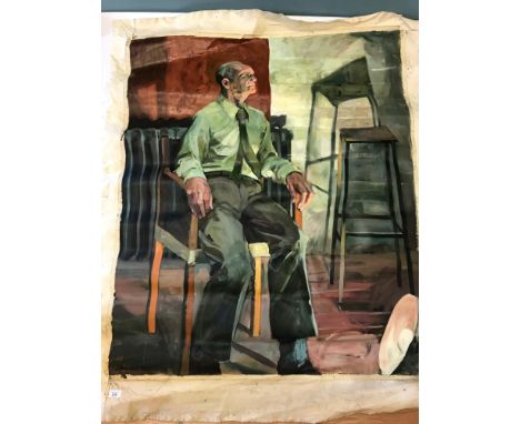Large oil on canvas of elderly gentleman sitting on a chair. By Sharon Thomson BA (Hons) degree in fine art, dated 1989. Arti