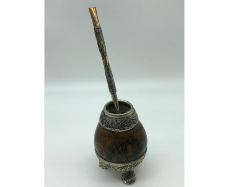 Yerba mate Alpaca Sterling silver gourd tea cup with straw. The straw has 18K stamped to the gold coloured tip. 