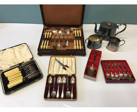 Thomas Turner & Co mahogany cased canteen of cutlery, 3 Piece EP Ornate tea service & various boxed cutlery sets. 
