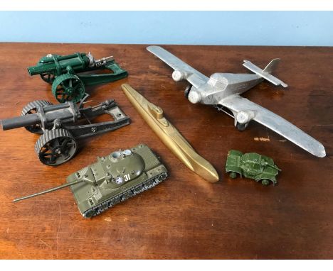 A Lot of Military Toys, Includes Art Deco heavy brass submarine, Britains metal firing canon and one other, Metal plane model
