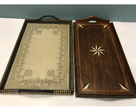 2 vintage serving trays, One tapestry and glass topped.  The other is Inlaid. 