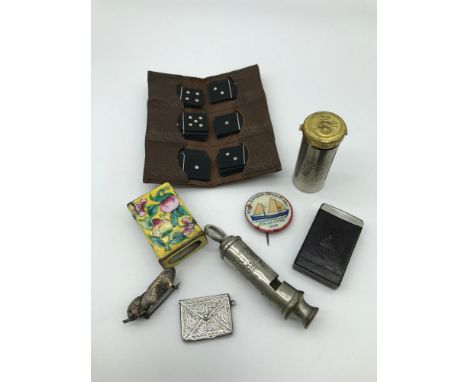 A Collection of odds which includes Birmingham silver stamp holder, J. Hudson Whistle, Magic pocket saving bank & travel pock