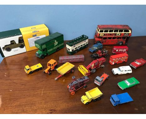 A Lot of Corgi & Lesney truck, bus and tractor models, Includes Tr-Ang Minic red double decker London transporter bus. 