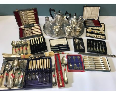A Lot of EP & Silver plated cutlery, together with a Viners of Sheffield tea/coffee service with serving tray. 