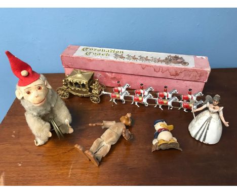 Lesney Products Coronation Coach with box, Vintage tin wind up clapping monkey wearing a red hat, Walt Disney Marx wolf figur