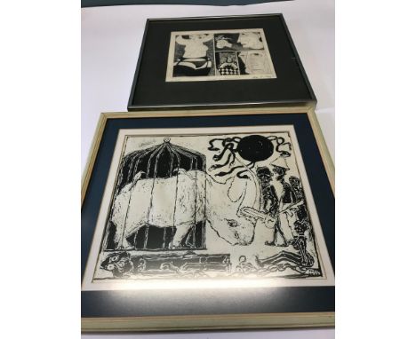 Euan L Heng etching titled " Aspects of Susannah 1" together with Block print depicting scene of a captured rhino. 