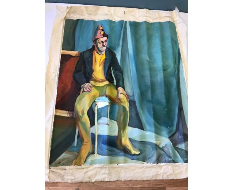 Large oil on canvas of clown sitting on stool. By Sharon Thomson BA (Hons) degree in fine art, dated 1990. Artist at Glasgow 