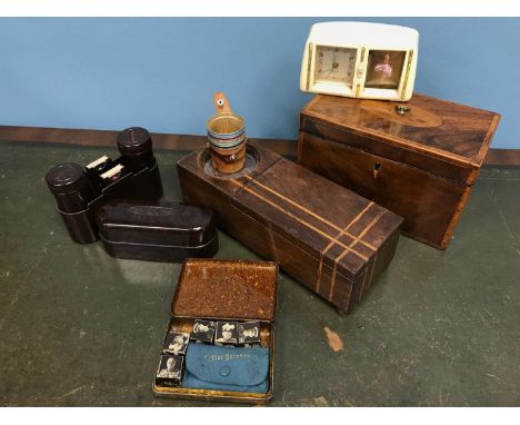 A Collection of vintage odds, Which includes Victorian tea caddy, Bakelite Wardonia shaving kit, A lot of shot cups and vinta