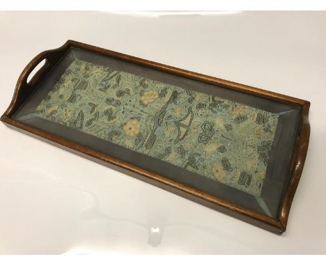 Early 1900s Oriental tapestry framed in a serving tray. Tray Measures 25x56cm 