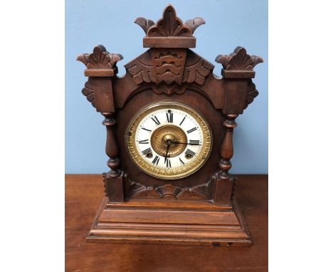 A Victorian hard wood cased mantle clock, Movement is Ansonia clock co. U.S.A. New York. Dated June 18,1882. Working 