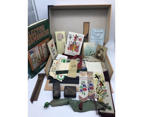 A Collection of various antique collectors bookmarks, Includes 3 hand stitched and silk bookmarks, Collectors guide book & 2 