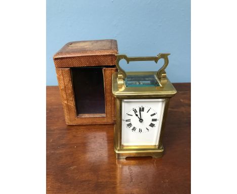 Victorian French brass carriage clock, key and travel case. Working 