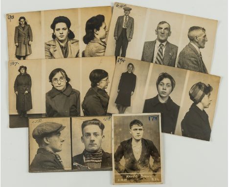 Mug shots.- Group of 27 police booking photographs, male and female detainees in profile and straight-on, some with contempor