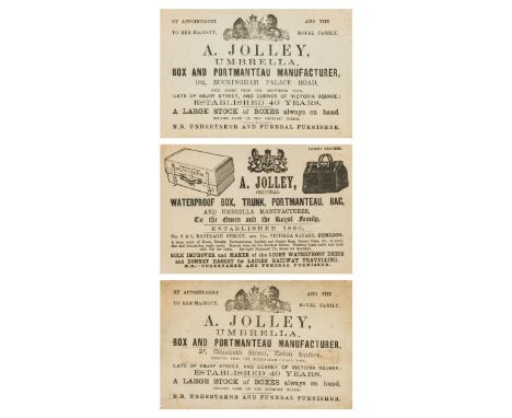 NO RESERVE Ephemera.- Jolley (A., Umbrella, Box and Portmanteau Manufacturer, London) 3 flyers, each c.97 x 150mm., one with 