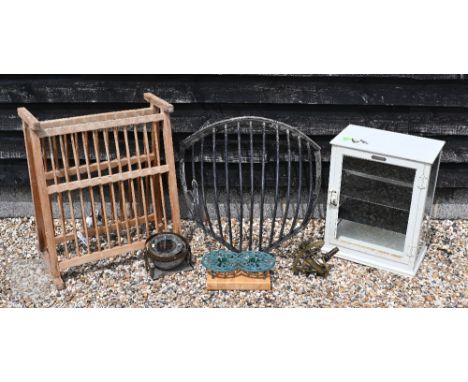A painted metal 'The Holborn' surgical instruments glazed cabinet (missing glass panel) to/w pine plate rack, metal wall moun