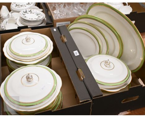 A Substantial Cauldon china (Brown, Moore &amp; Westhead) dinner service with green and gilt banded borders - some pieces a/f