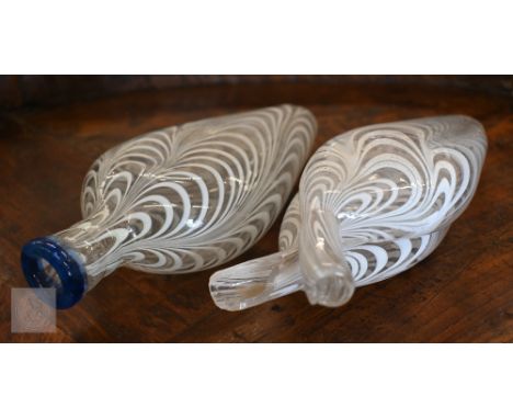 A 19th century Nailsea glass flask with blue rim and striped combed/feathered decoration, 21.5 cm high to/w a similar double 