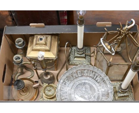 A Danish design Ilse D Ammonsen 'Gyro' oil lamp on gimbal stand, to/w two porch lanterns, a pair of table lamps as simulated 