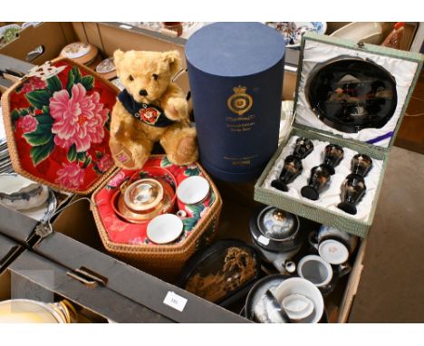 A boxed Japanese laquer liqueur set, to/w a tea set in wicker basket, an eggshell tea service, etc; lot also includes a boxed