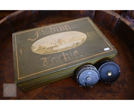 Four various fly-fishing reels, three with spare spools, to/w various tippets and leaders, etc, in a painted box inscribed 'F