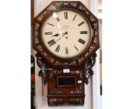 J Ashworth, Rochdale - A 19th century rosewood and mother-of-pearl inlaid drop dial wall clock with fusee movement, 70 cm h x