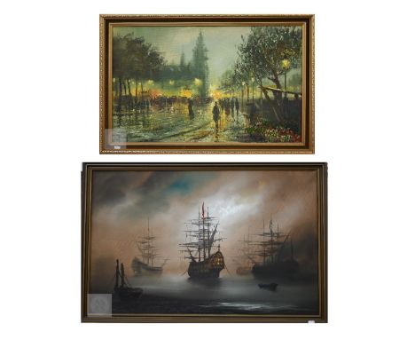 John Bampfield - City view at night, oil on canvas, signed, 49 x 75 cm to/w Hilton - Seascape with galleons, oil on canvas, s