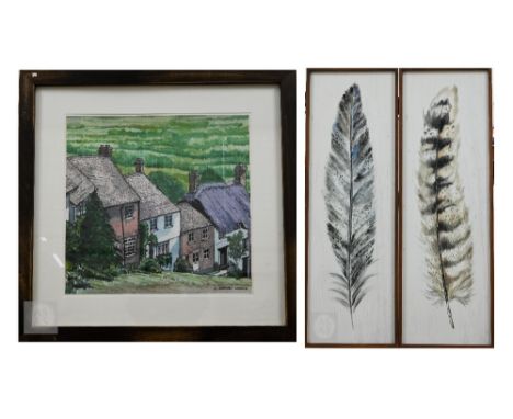 J Graven Mario framed print of Shaftesbury, 72 x 63 cm; two framed feather prints, 101 x 35 cm and a small oil on board sunse
